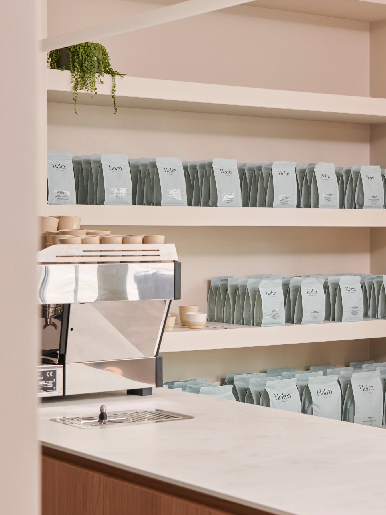 La Marzocco Espresso Maschine, Theke und Kaffeetütenregal im Kölner Café